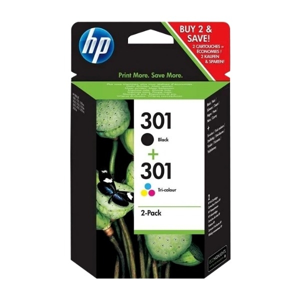 HP 301 2 stk Original blækpatron sort, blå, magenta, gul n9j72ae billede 1
