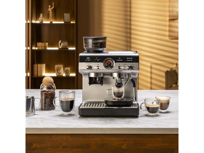 Krups Precision XP801T10, Espressomaskine, 3 L, Malet kaffe, Indbygget kværn, Sort, Rustfrit stål