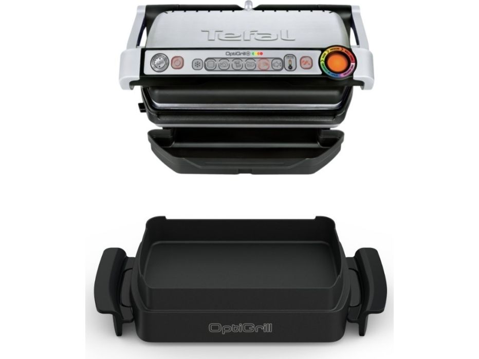 Tefal OptiGrill + GC714D, Rustfrit stål, Rektangulær, 600 cm², Aluminium, Termoplast, Klar, Temperatur