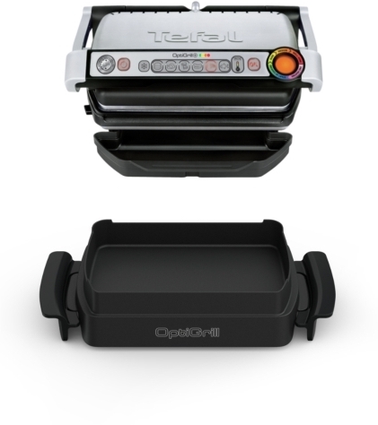 Tefal OptiGrill + GC714D, Rustfrit stål, Rektangulær, 600 cm², Aluminium, Termoplast, Klar, Temperatur