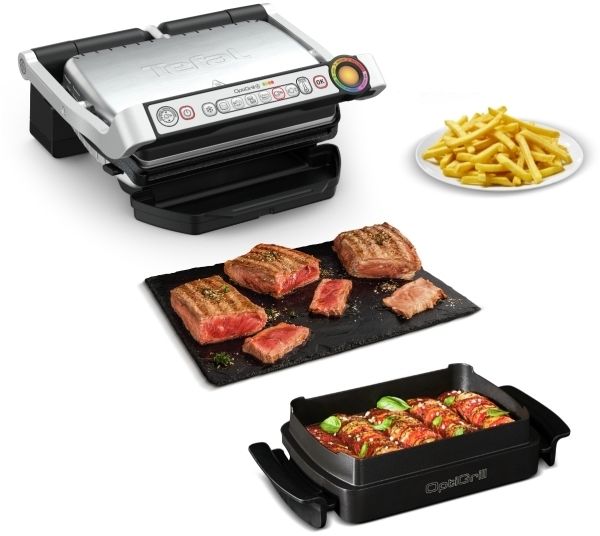 Tefal OptiGrill + GC714D, Rustfrit stål, Rektangulær, 600 cm², Aluminium, Termoplast, Klar, Temperatur