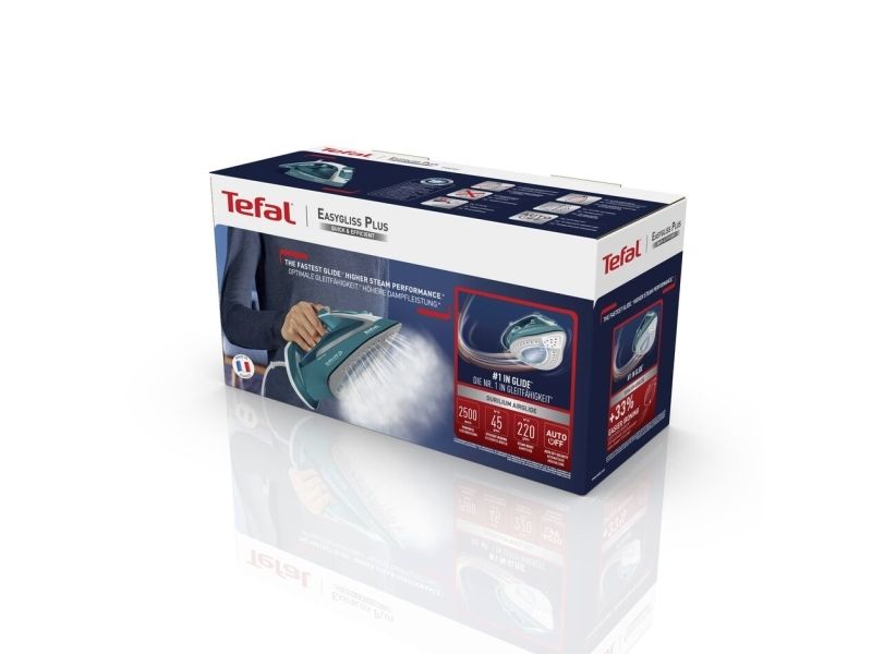 Tefal EasyGliss Plus FV5737, Tør & dampstrygejern, Durilium strygesål, 2 m, 220 g/min, Turkis, Hvid, 45 g/min billede 4