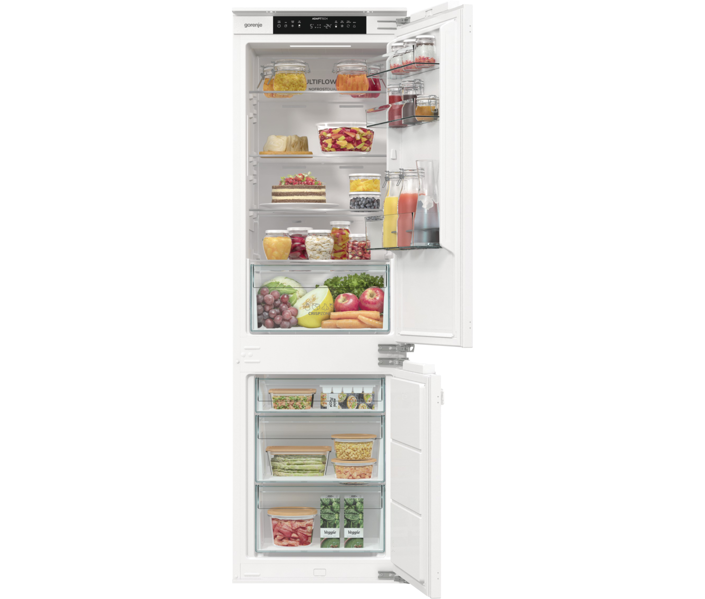 Gorenje Integreret køle /fryseskab med design til et rent og sammenhængende køkkenudtryk. Multiflow 360° sikrer jævn køling, mens NoFrost Dual forhindrer isdannelse uden afrimning. AdaptTech sikrer mere stabile temperaturer i hverdagen., 252 L, SN-N, 6 kg/24t, E, Frisk zone, aflukke, Hvid