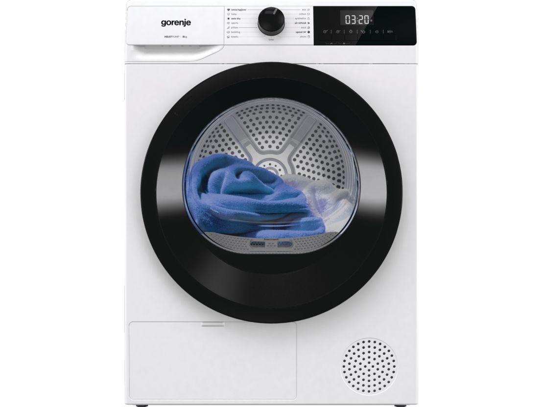 Gorenje DHNE83, Fritstående, Front-læsning, Varmepumpe, Hvid, Knapper, Dreje, LED