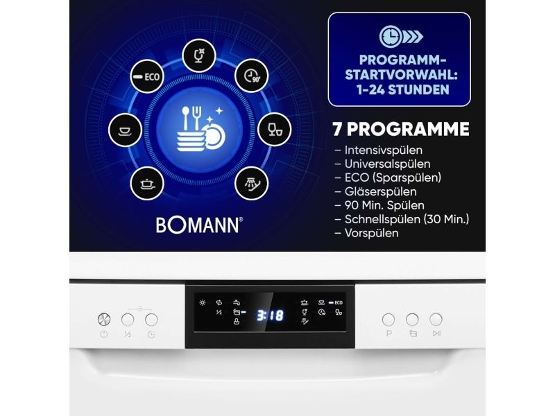Bomann GSP 7419, Fritstående, Fuld størrelse (60 cm), Hvid, Knapper, Berøring, LED, Kurv og skuffer