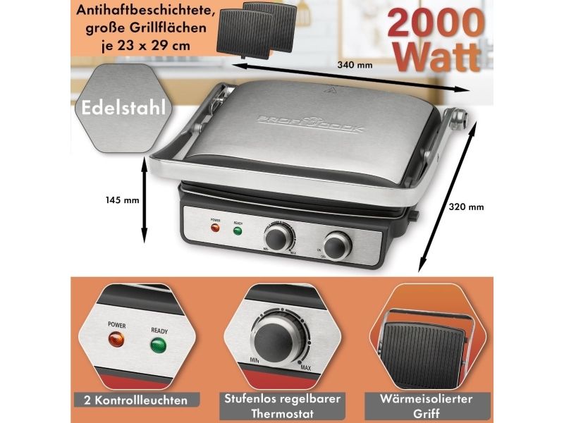 ProfiCook PC-KG 1264, Sort, Rustfrit stål, Rustfrit stål, 230 x 290 mm, 180°, 2000 W, 220 - 240 V