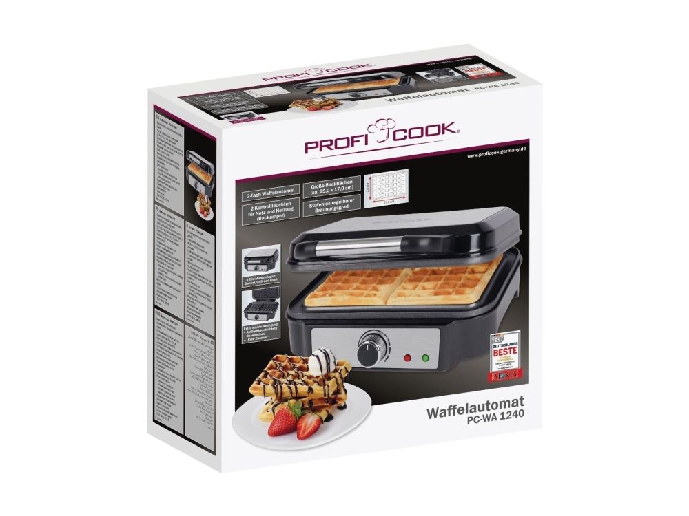 ProfiCook PC-WA 1240, 2 vafler/plader, Firkantet, Sort, Rustfrit stål, Rustfrit stål, Rustfrit stål, 1000 W