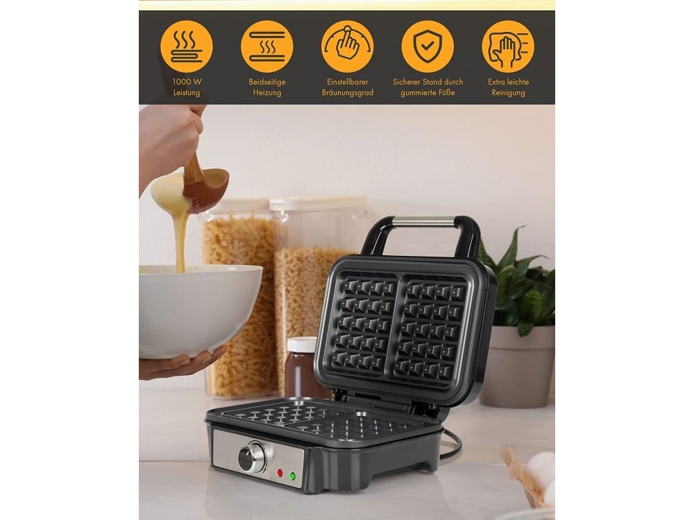 ProfiCook PC-WA 1240, 2 vafler/plader, Firkantet, Sort, Rustfrit stål, Rustfrit stål, Rustfrit stål, 1000 W