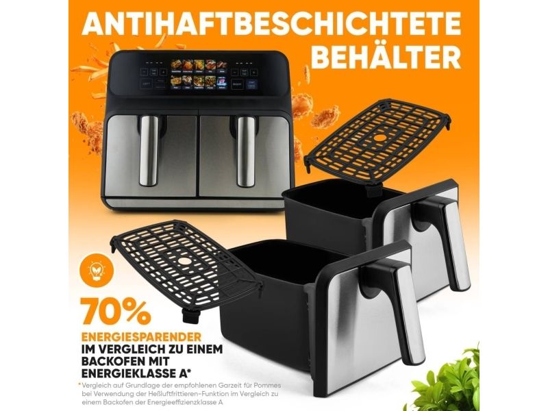 ProfiCook PC-FR 1287 H, Varmluftsteger, 8 L, 50 °C, 200 °C, Dobbelt, Sort, Rustfrit stål