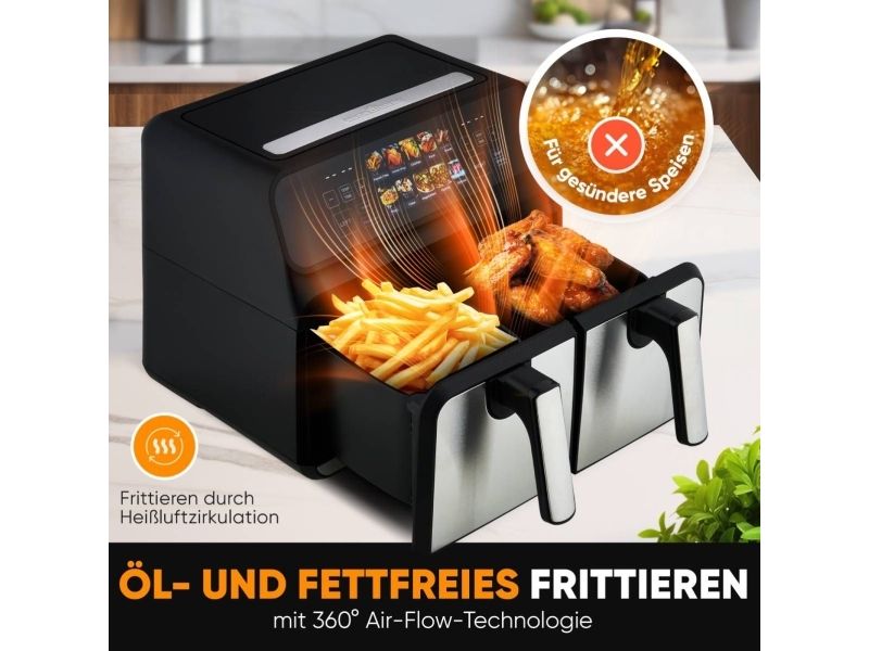 ProfiCook PC-FR 1287 H, Varmluftsteger, 8 L, 50 °C, 200 °C, Dobbelt, Sort, Rustfrit stål
