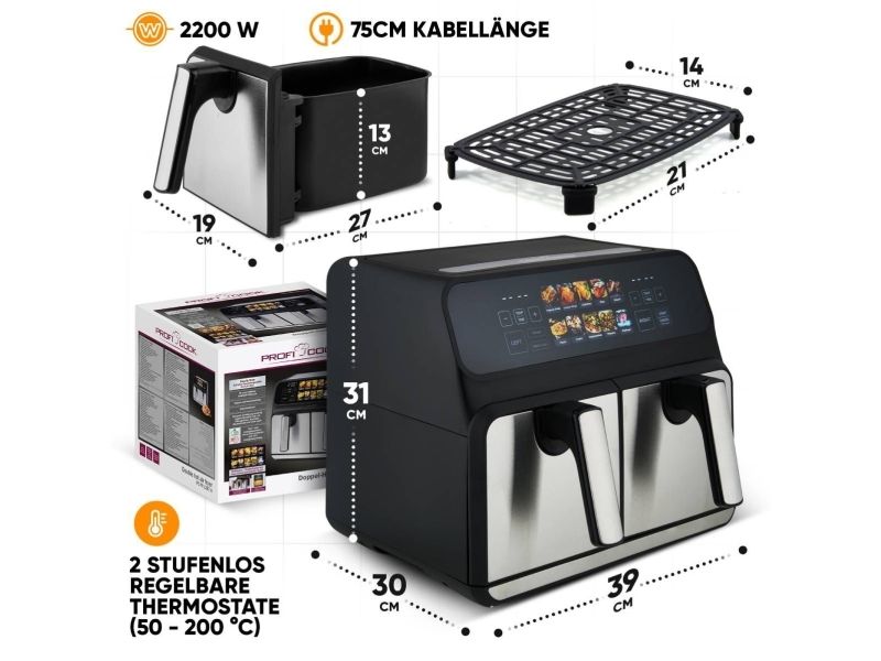 ProfiCook PC-FR 1287 H, Varmluftsteger, 8 L, 50 °C, 200 °C, Dobbelt, Sort, Rustfrit stål
