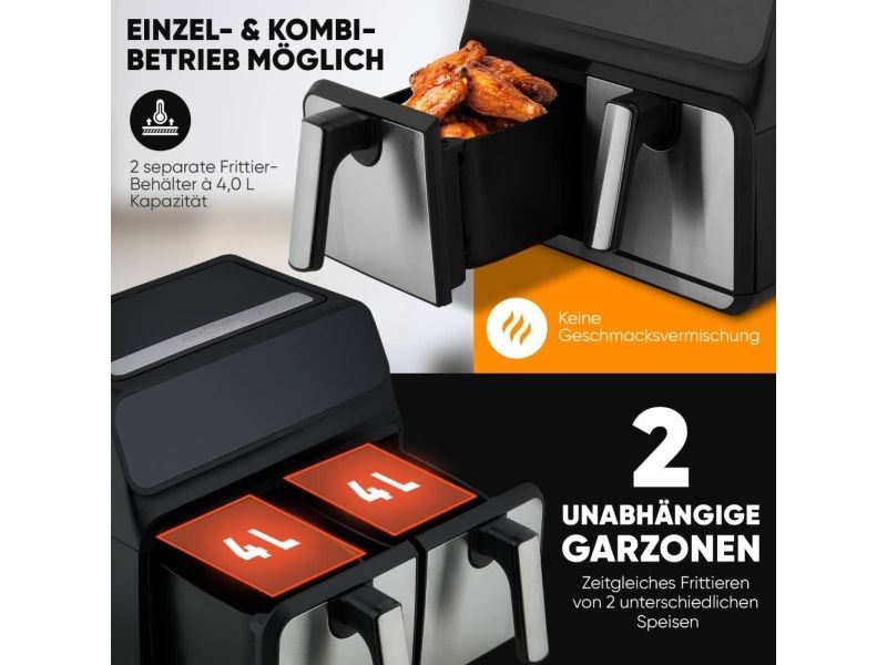 ProfiCook PC-FR 1287 H, Varmluftsteger, 8 L, 50 °C, 200 °C, Dobbelt, Sort, Rustfrit stål
