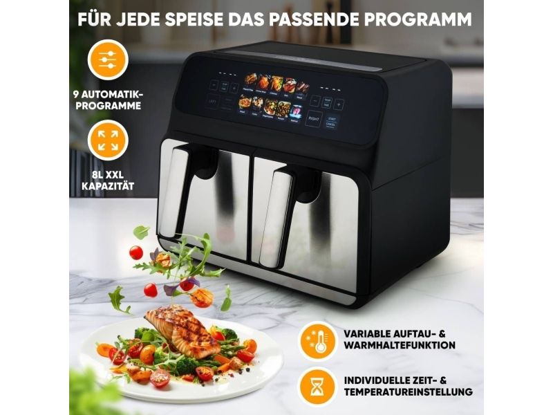 ProfiCook PC-FR 1287 H, Varmluftsteger, 8 L, 50 °C, 200 °C, Dobbelt, Sort, Rustfrit stål