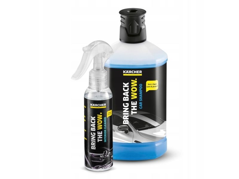 Kärcher Car Care Kit RM 610 (1L) + RM 651 interiørrens (100ml) – 3-i-1 Bilshampoo & interiørrens, hurtigttørrende high-gloss formel, Plug & Clean kompatibel