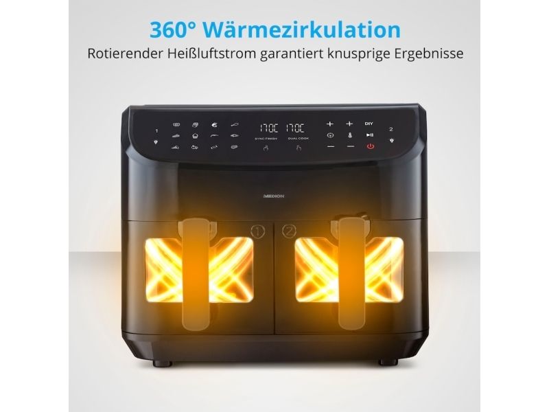 MEDION LIFE P20, Varmluftsteger, 8,7 L, 50 °C, 200 °C, 60 min., Dobbelt