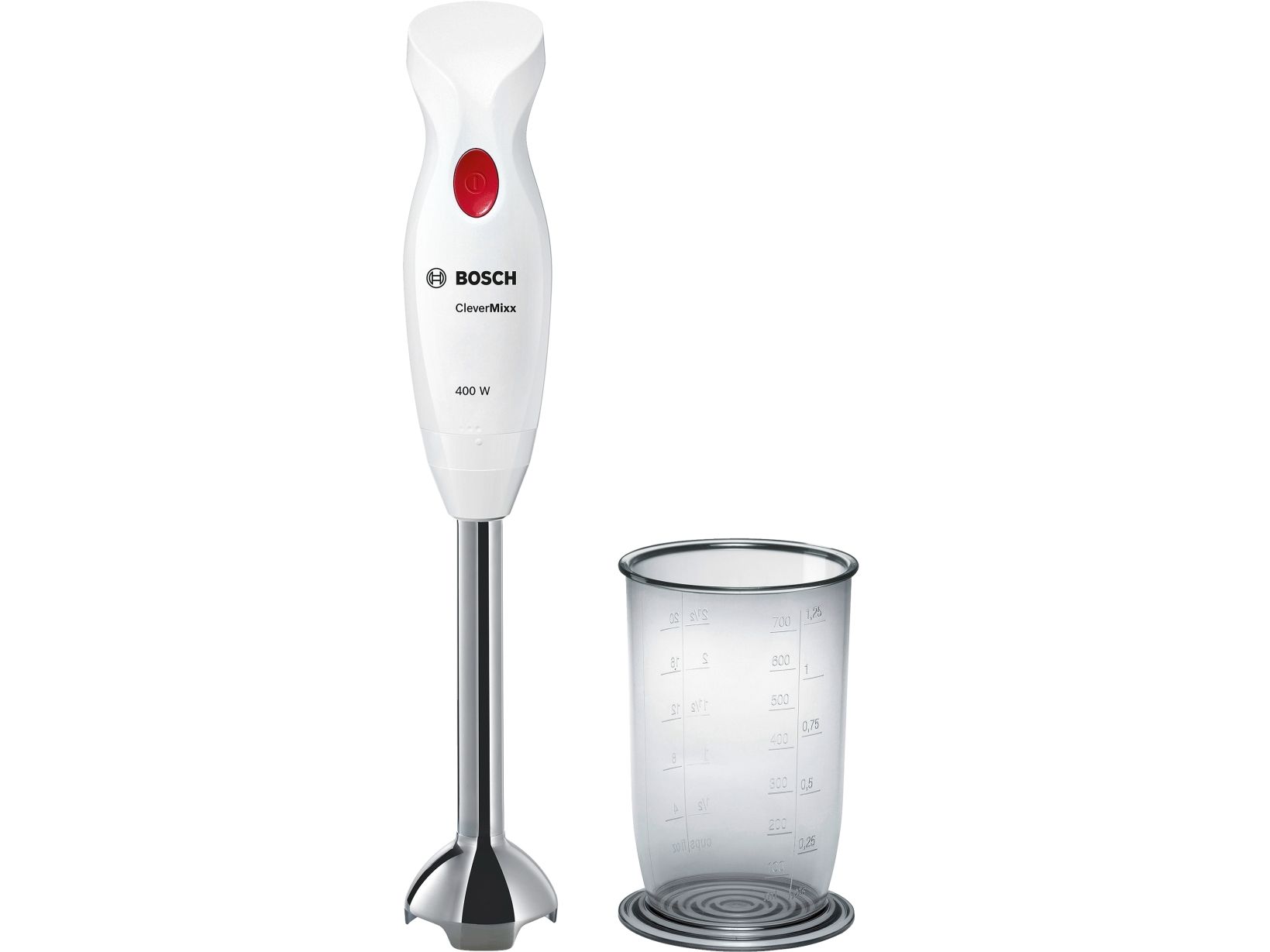 BOSCH_400 W, stainless mix. leg with Quattro Blade blade, mix. container with scale without lid, white / dark red