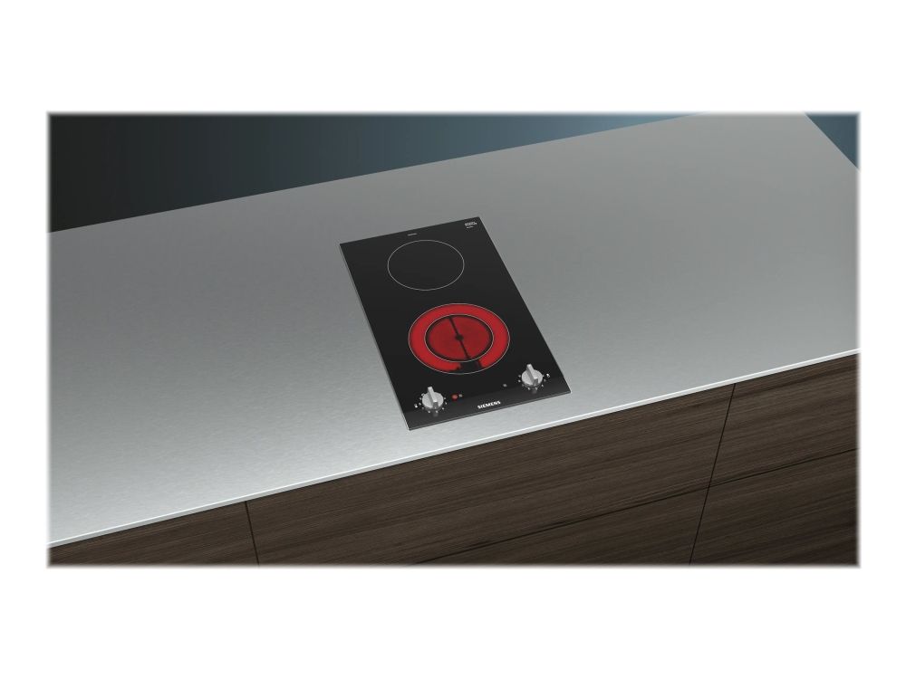 Siemens iQ300 ET375CFA1E - Keramisk kogeplade - 2 plader - Niche - bredde: 27 cm - dybde: 49 cm - med facetteret frontkant, - med rustfrit stål-sidepynt - børstet aluminium/sort