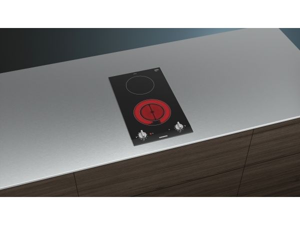Siemens iQ300 ET375CFA1E - Keramisk kogeplade - 2 plader - Niche - bredde: 27 cm - dybde: 49 cm - med facetteret frontkant, - med rustfrit stål-sidepynt - børstet aluminium/sort