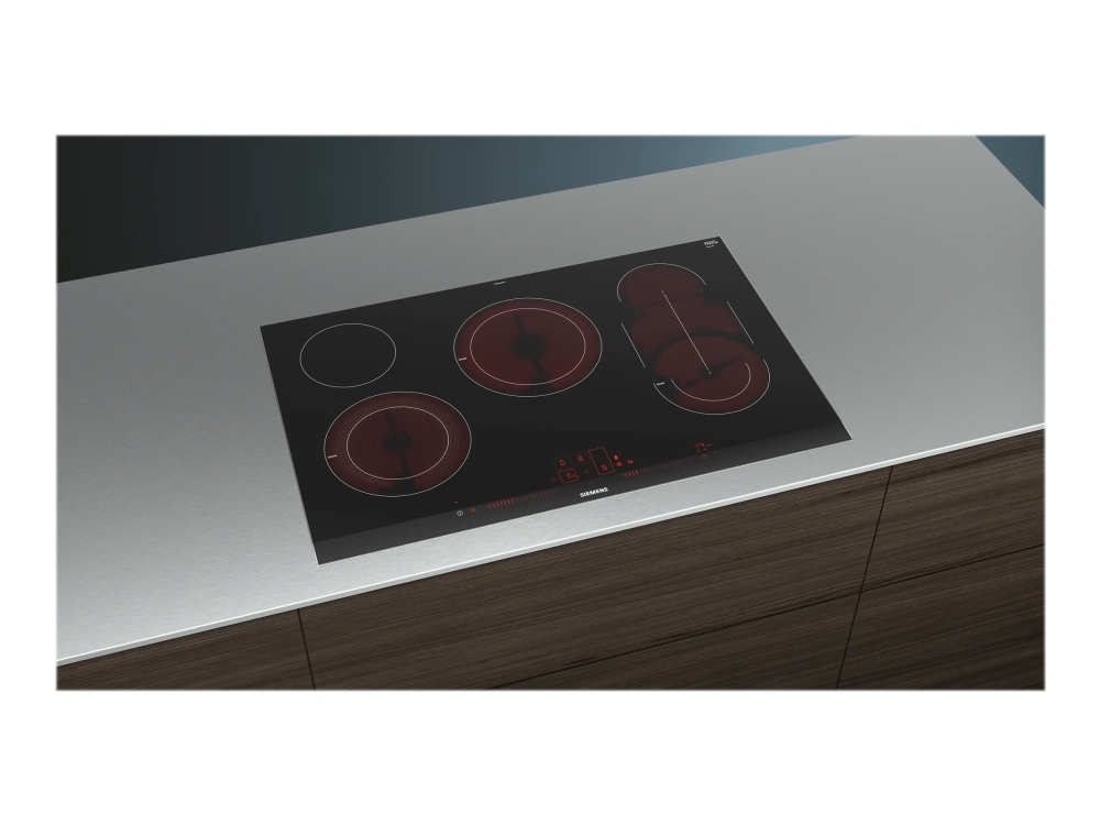 Siemens iQ500 ET875LMP1D - Keramisk kogeplade - 5 plader - Niche - bredde: 78 cm - dybde: 50 cm - med rustfrit stål-sidepynt, - med facetteret frontkant - sort