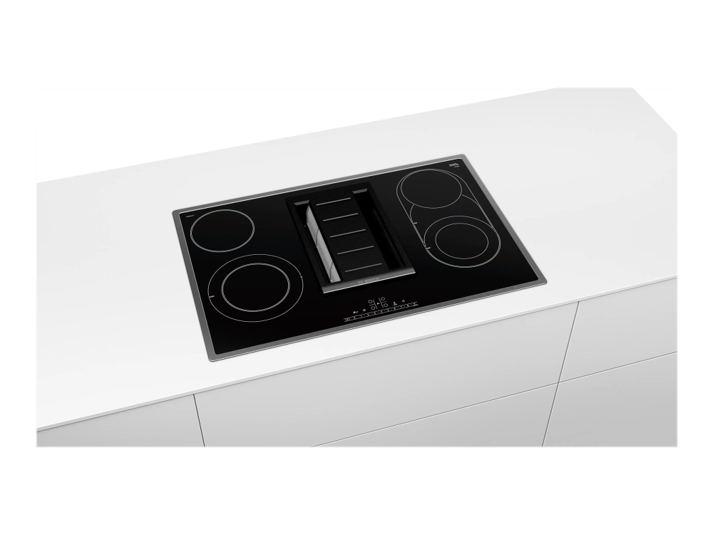 Bosch Serie | 6 PKM845F11E - Keramisk kogeplade - 4 plader - Niche - bredde: 78 cm - dybde: 50 cm - Klasse A - med rustfrit stål-pynt - sort med downdraft-udstødning (ekstraktion og recirkulation med ekstra ekstraktion og recurkulationssæt)