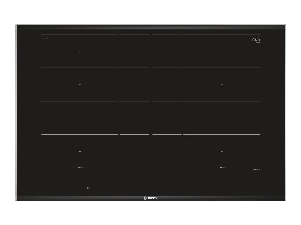 Bosch Serie | 8 PXY875DW4E - Induktions kogeplade - 4 plader - Niche - bredde: 75 cm - dybde: 49 cm facetteret front og bagpynt, - med rustfrit stål-sidepynt - sort