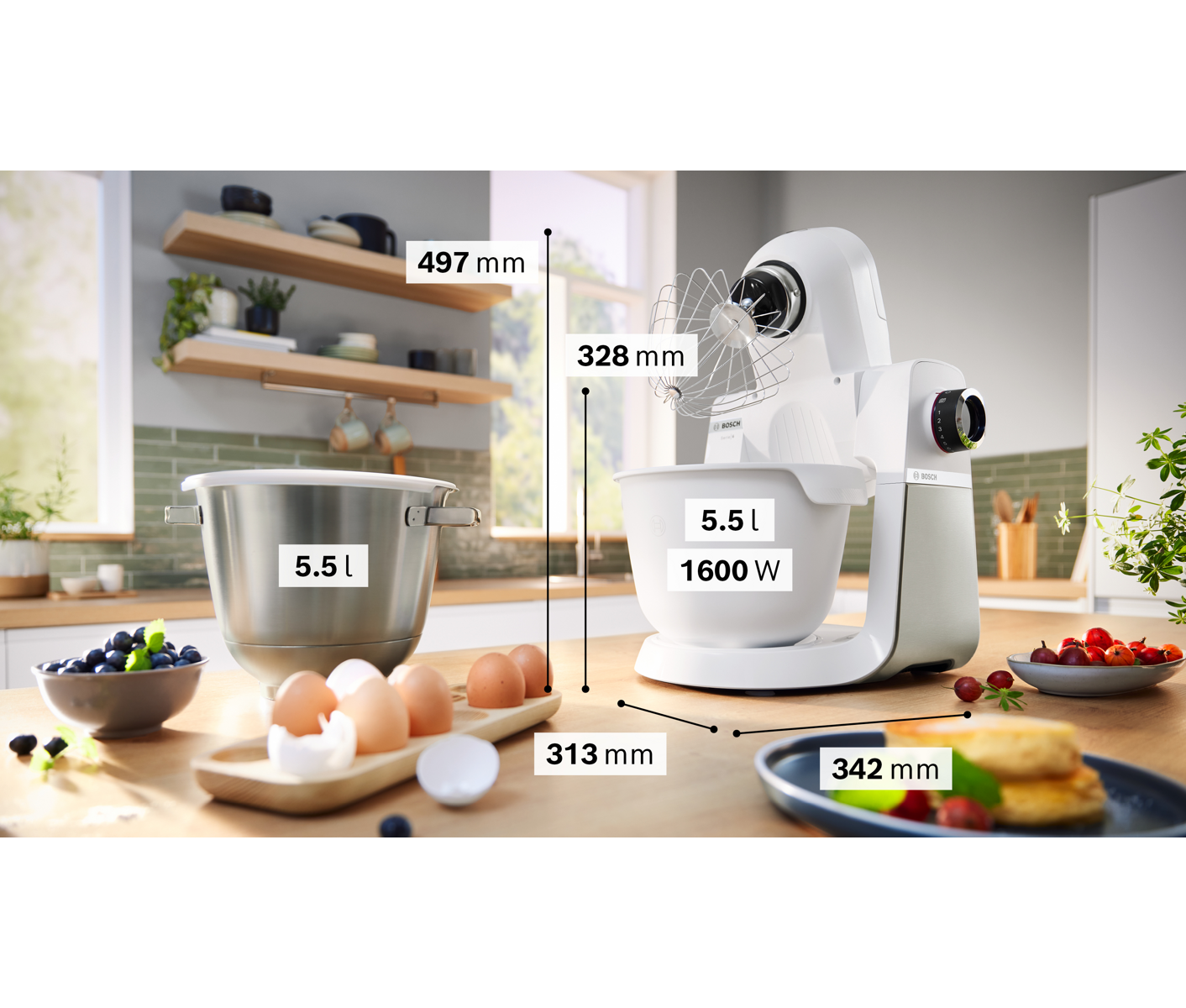 Bosch MUMS6EW18 Serie 6, Køkke Nmaskine, 1600 W, Hvid, Børste Røremaskine