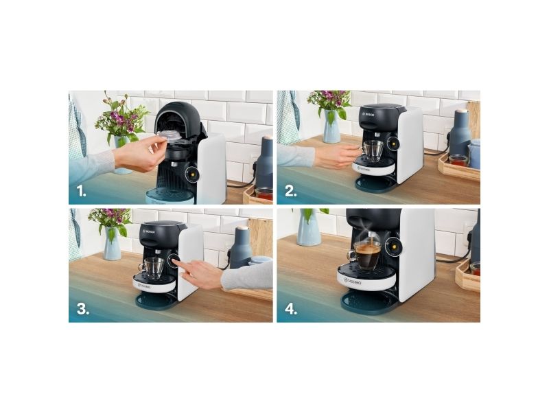Bosch TAS164E, Kapsel kaffemaskine, 0,7 L, Kaffekapsel, 1400 W, Sort, Hvid
