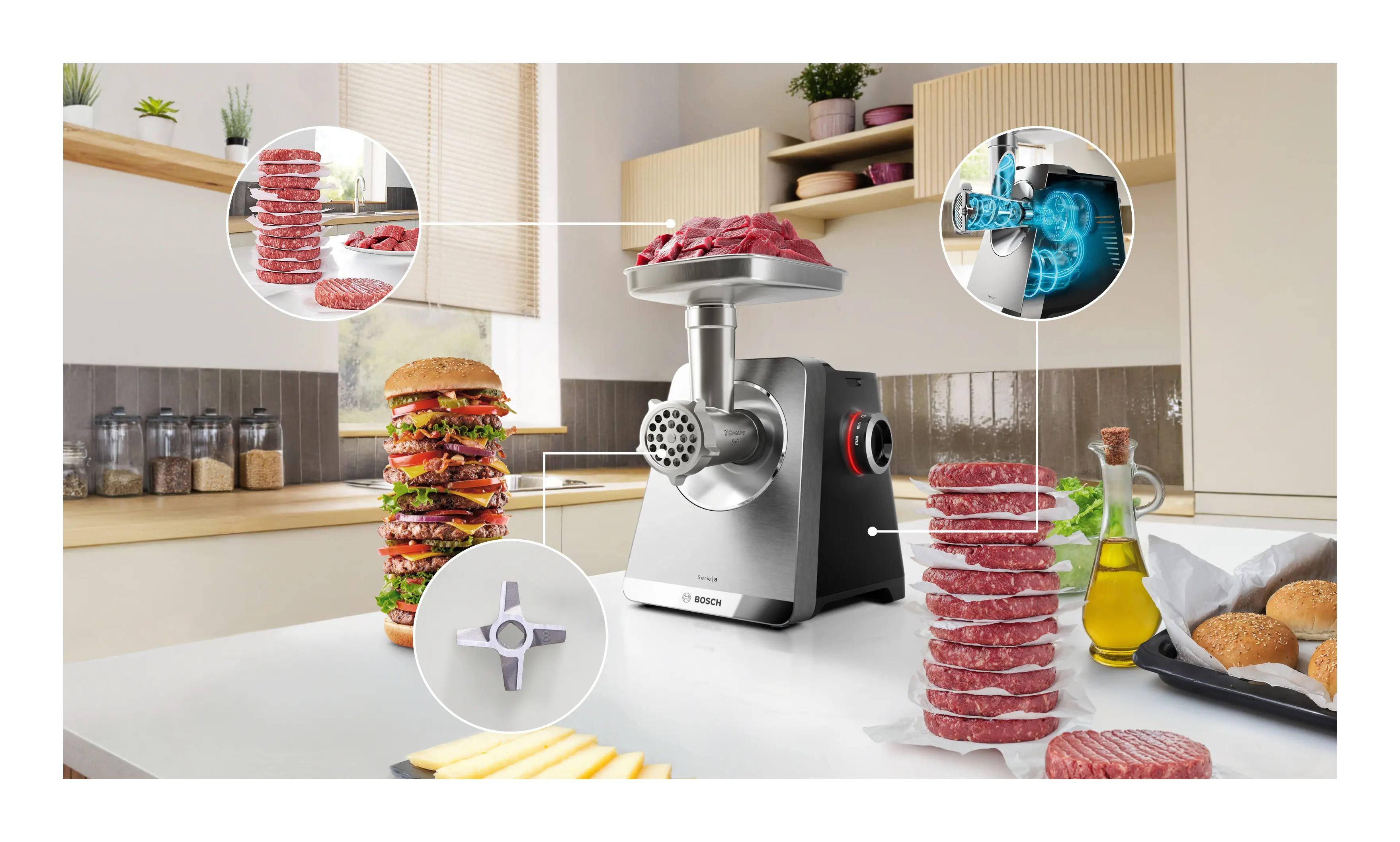 Bosch Serie 8 MFWS820M, 2500 W, Rustfrit stål, 8 mm, 4,5 kg/min, 1 m, Aluminium, Rustfrit stål, Plast billede 4