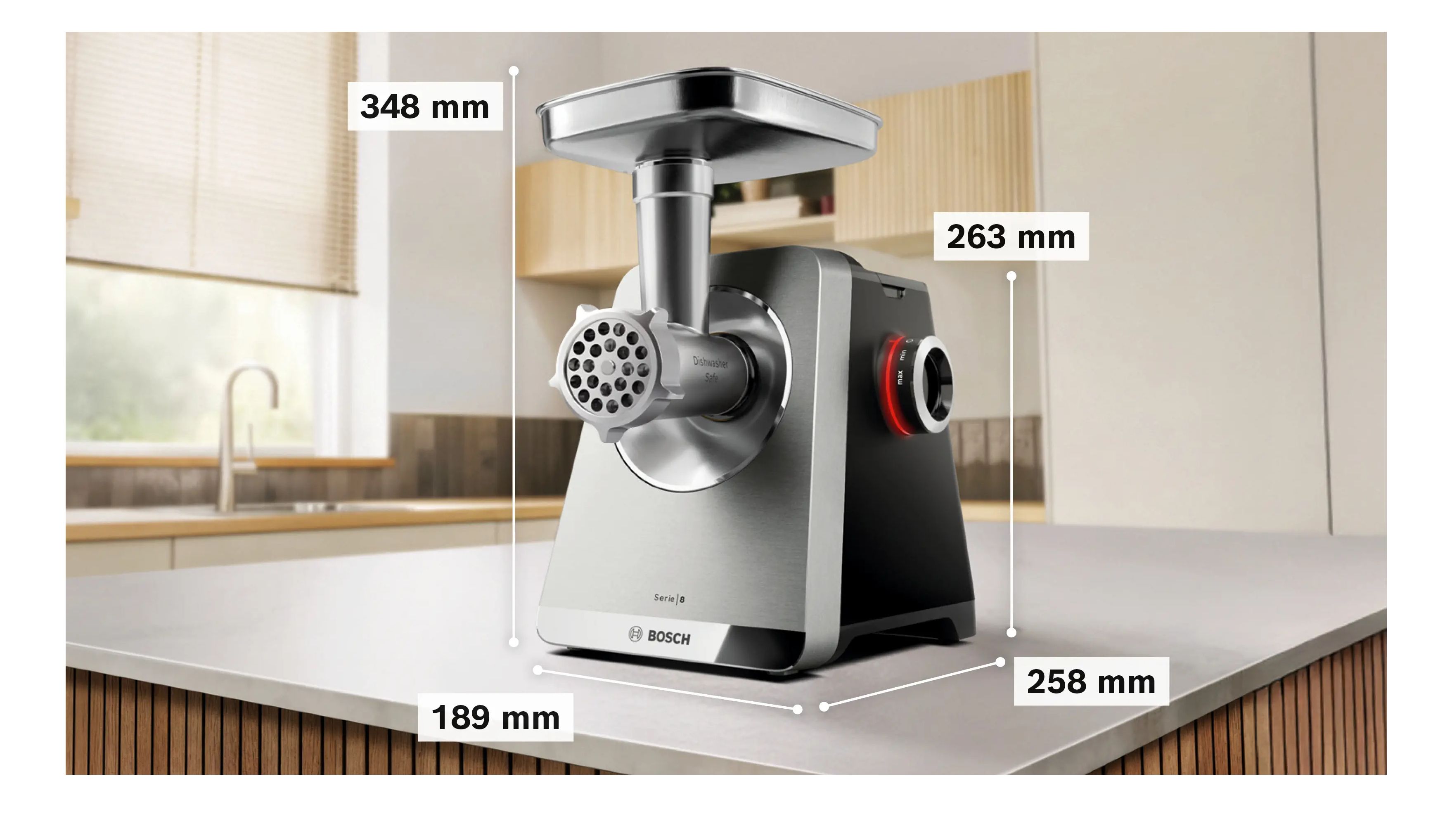 Bosch Serie 8 MFWS820M, 2500 W, Rustfrit stål, 8 mm, 4,5 kg/min, 1 m, Aluminium, Rustfrit stål, Plast billede 2