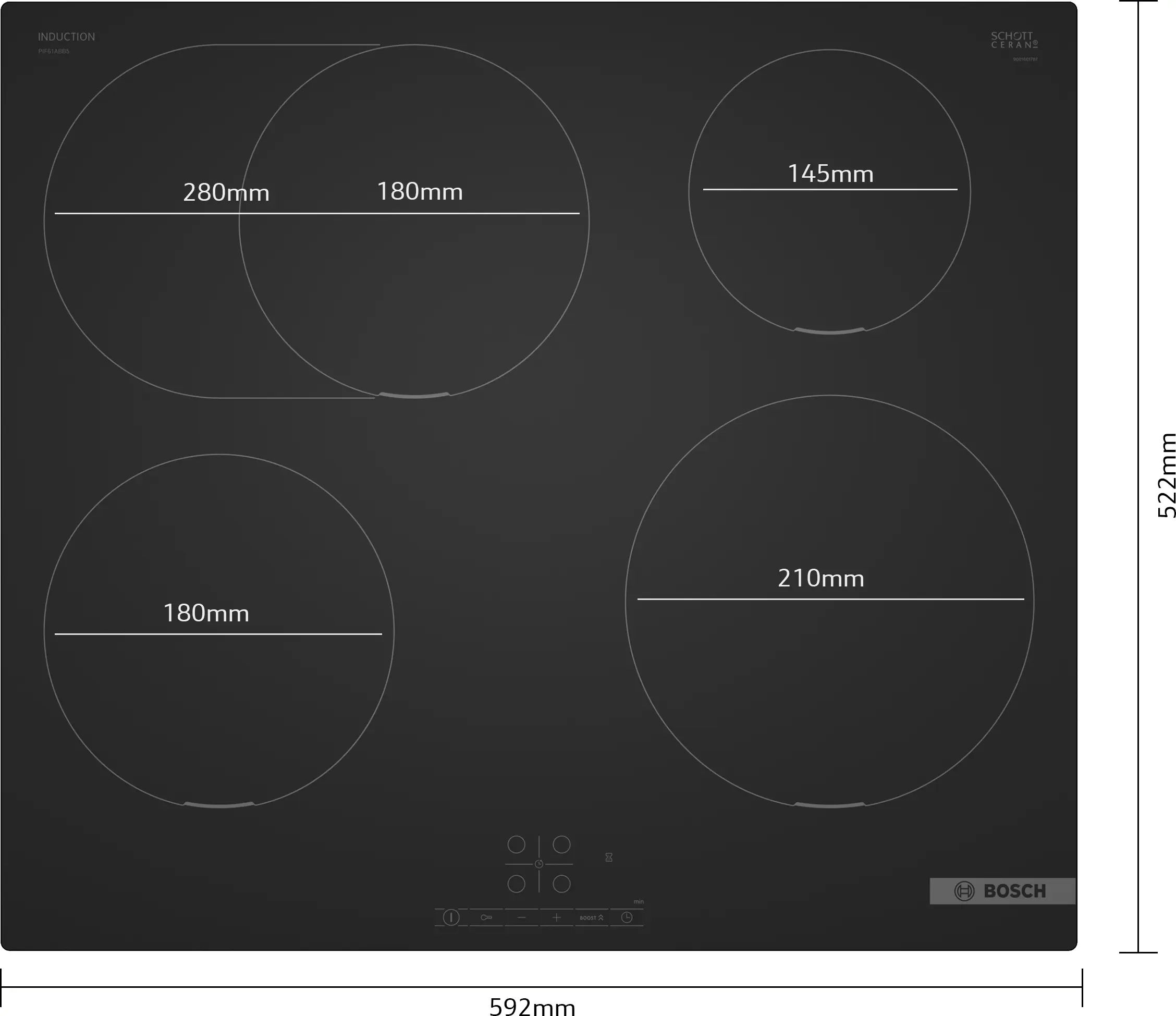 Bosch PIF61ABB5E, Sort, Indbygget, 60 cm, Zone induktionskogeplade, Keramisk, 4 zone(s) billede 4