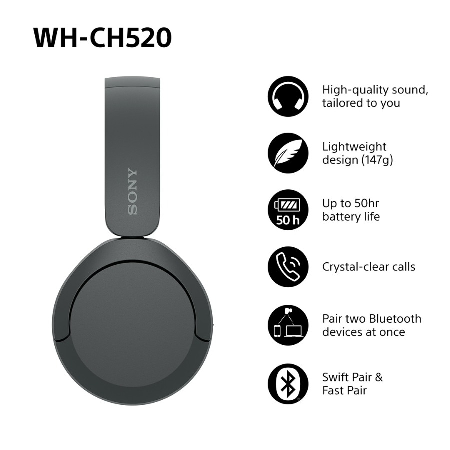 Sony WH-CH520 Bluetooth hovedtelefoner, sort billede 2