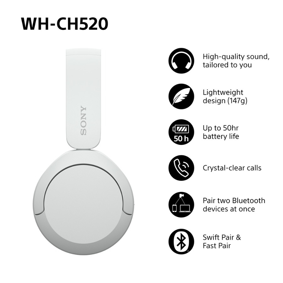 Sony WH-CH520 Bluetooth hovedtelefoner, hvid billede 3