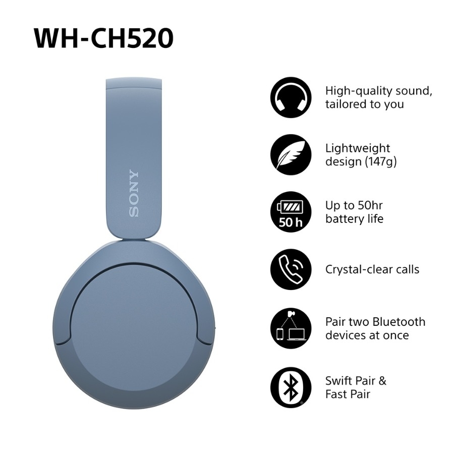 Sony WH-CH520 Bluetooth hovedtelefoner, blå billede 2