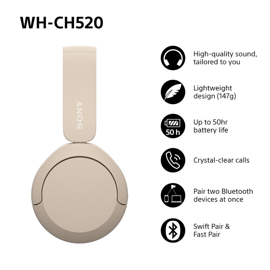 Sony WH-CH520 Bluetooth hovedtelefoner, beige billede 3