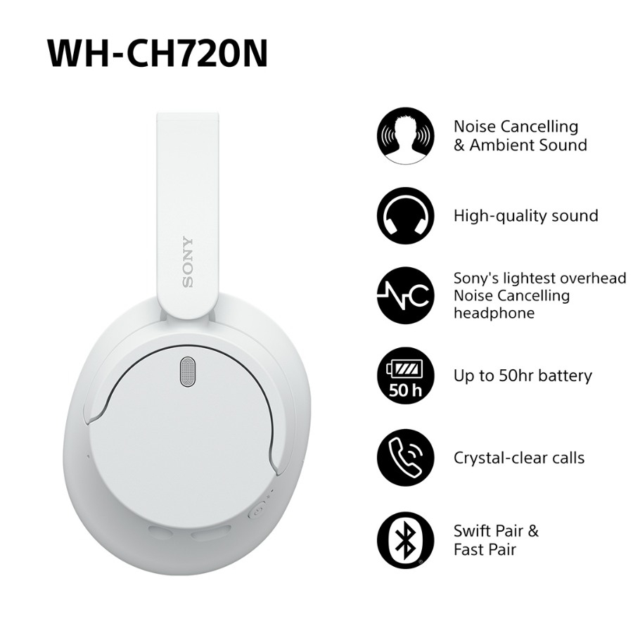 Sony WH-CH720N trådløse støjreducerende hovedtelefoner, hvid billede 3