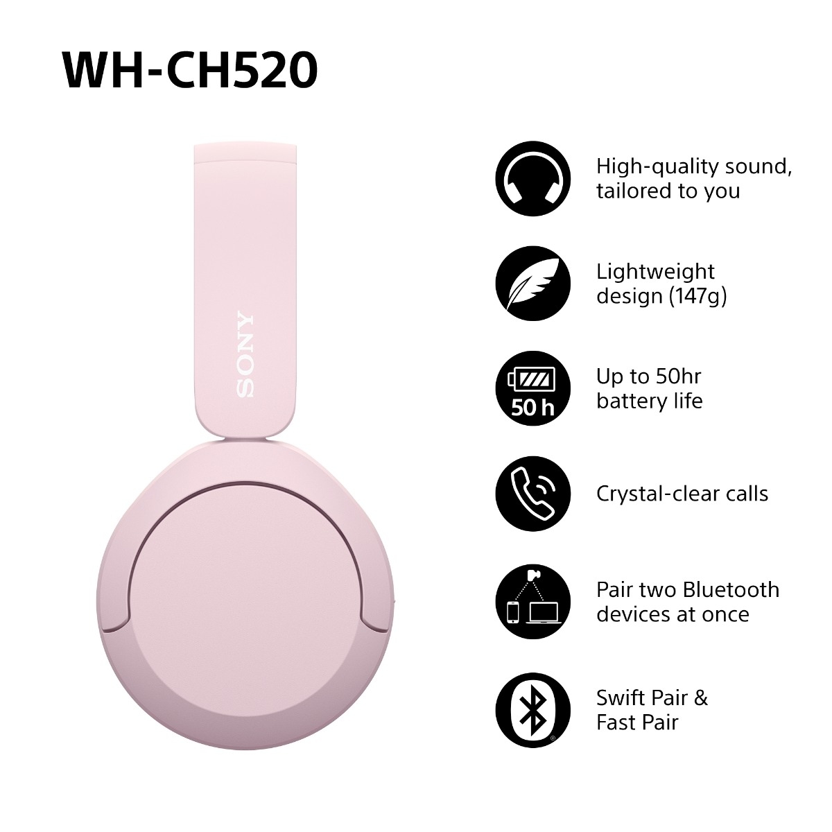 Sony WH-CH520 Bluetooth hovedtelefoner, lyserød billede 2
