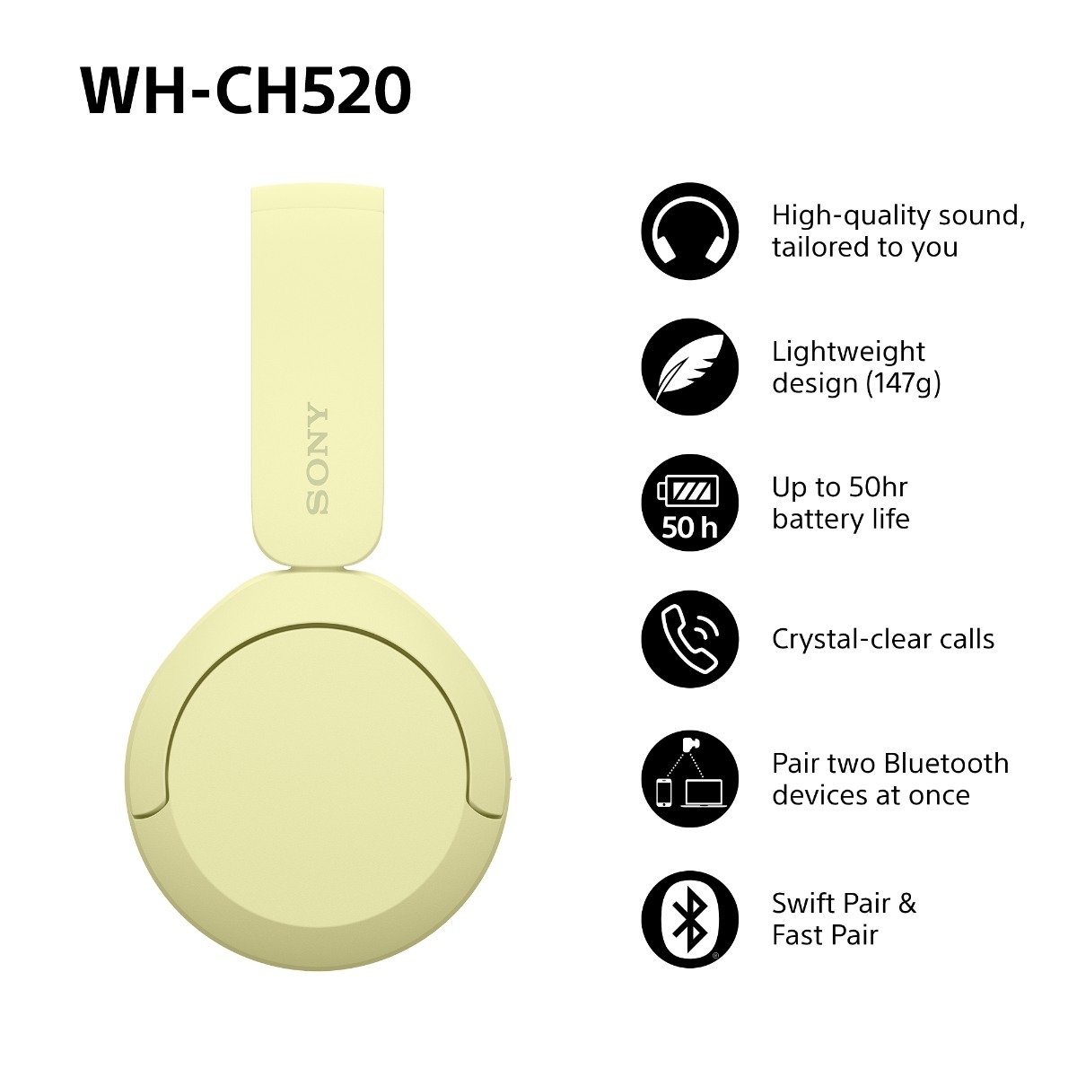 Sony WH-CH520 Bluetooth hovedtelefoner, gul billede 3