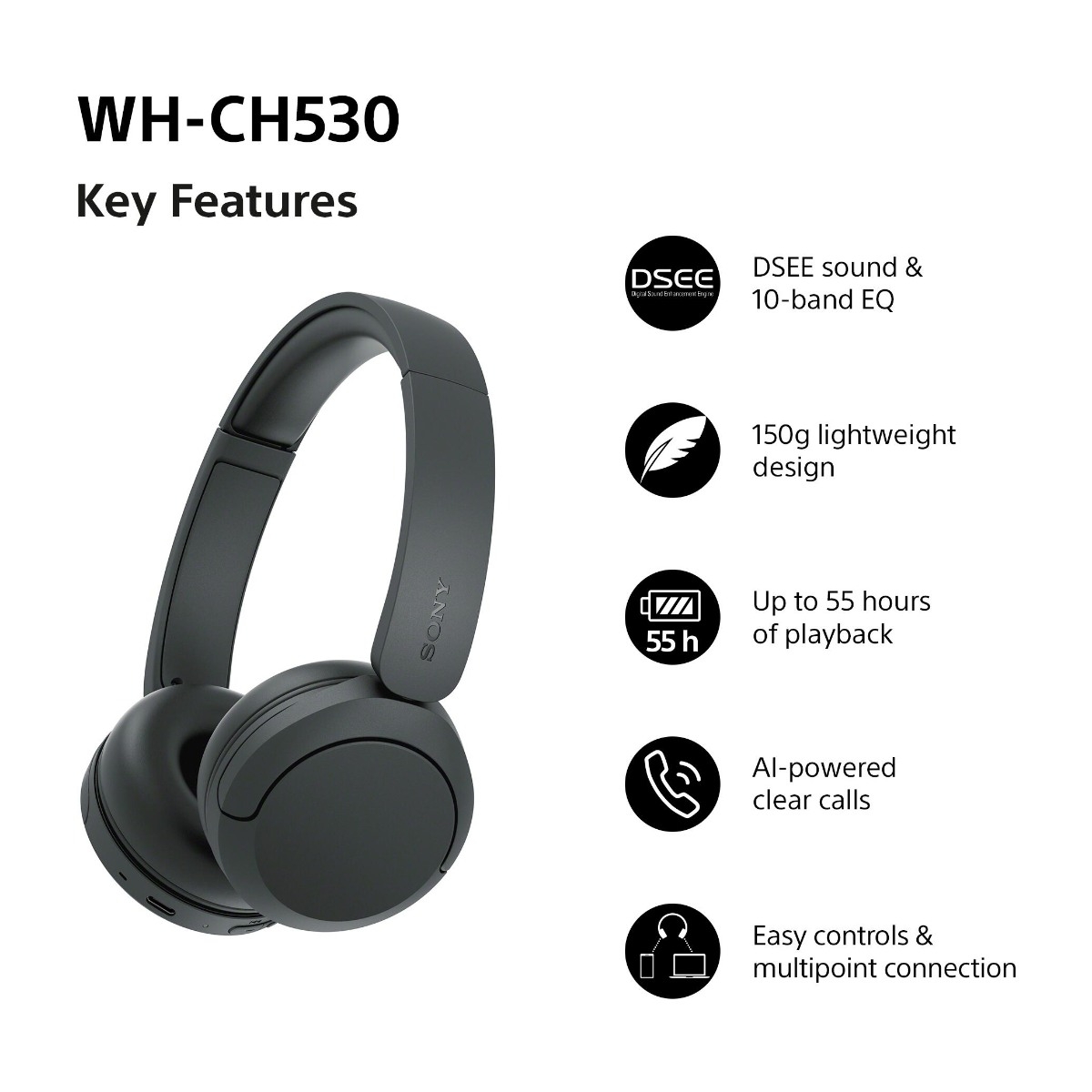 Sony WH-CH530 trådløse on-ear hovedtelefoner, sort billede 2
