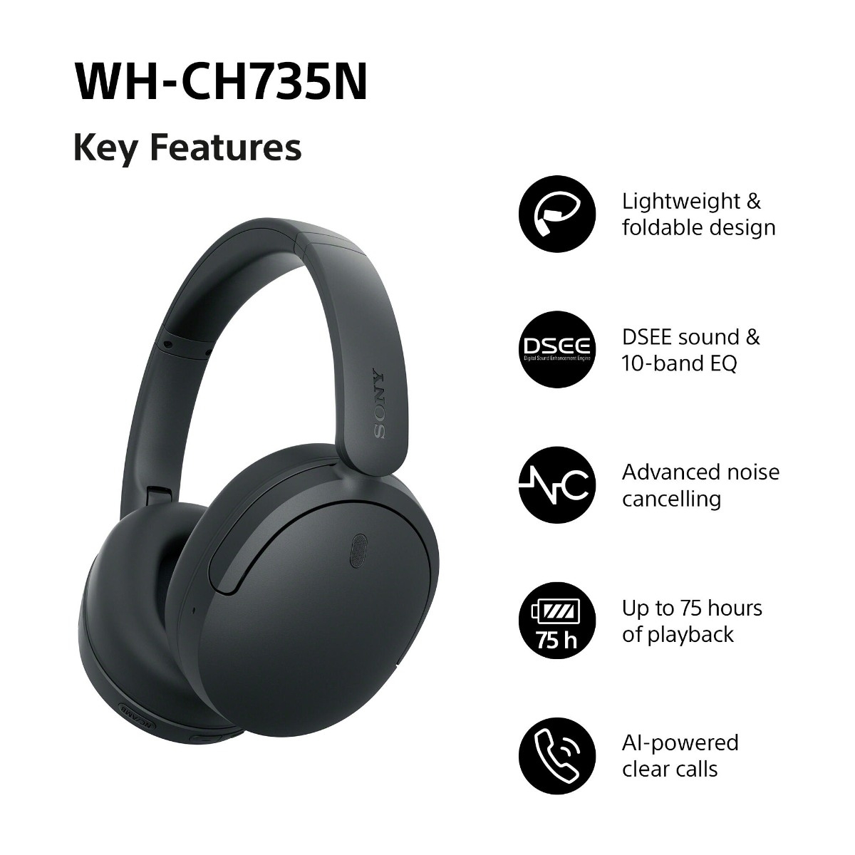 Sony WH-CH735N trådløse ANC-hovedtelefoner, sort billede 2