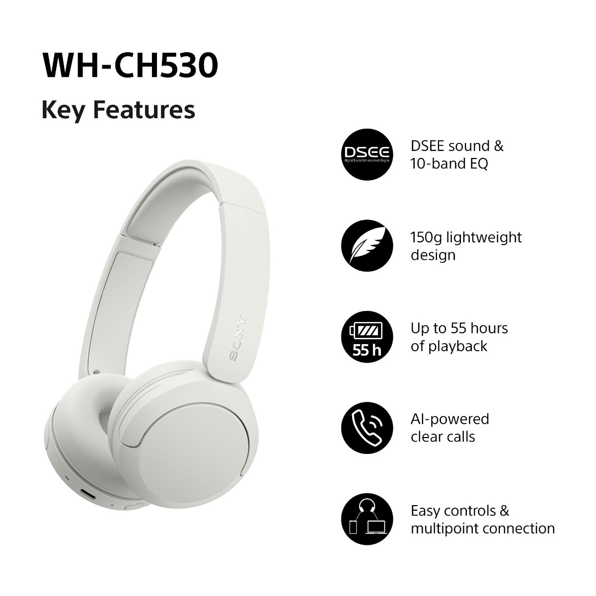 Sony WH-CH530 trådløse on-ear hovedtelefoner, hvid billede 2