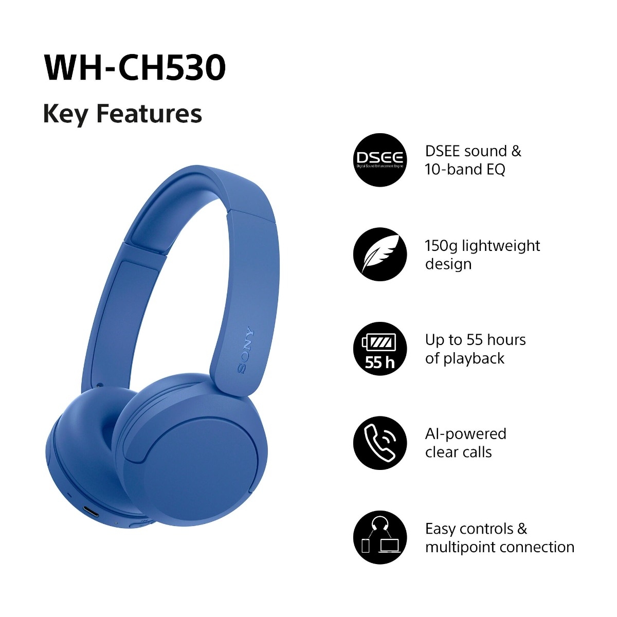 Sony WH-CH530 trådløse on-ear hovedtelefoner, blå billede 2