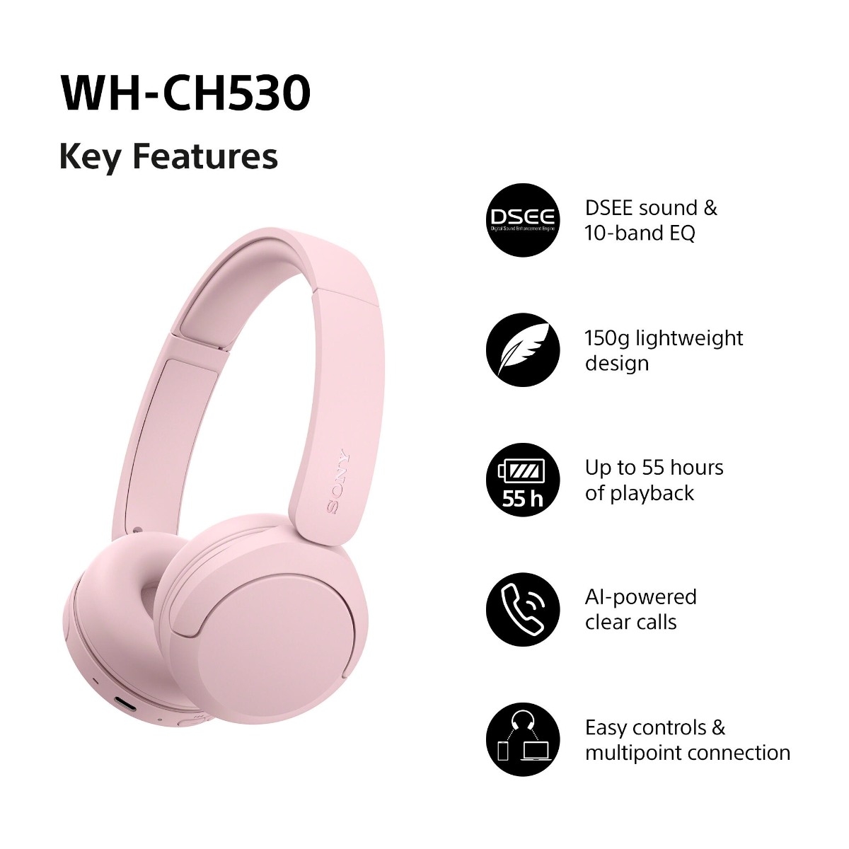 Sony WH-CH530 trådløse on-ear hovedtelefoner, pink billede 2