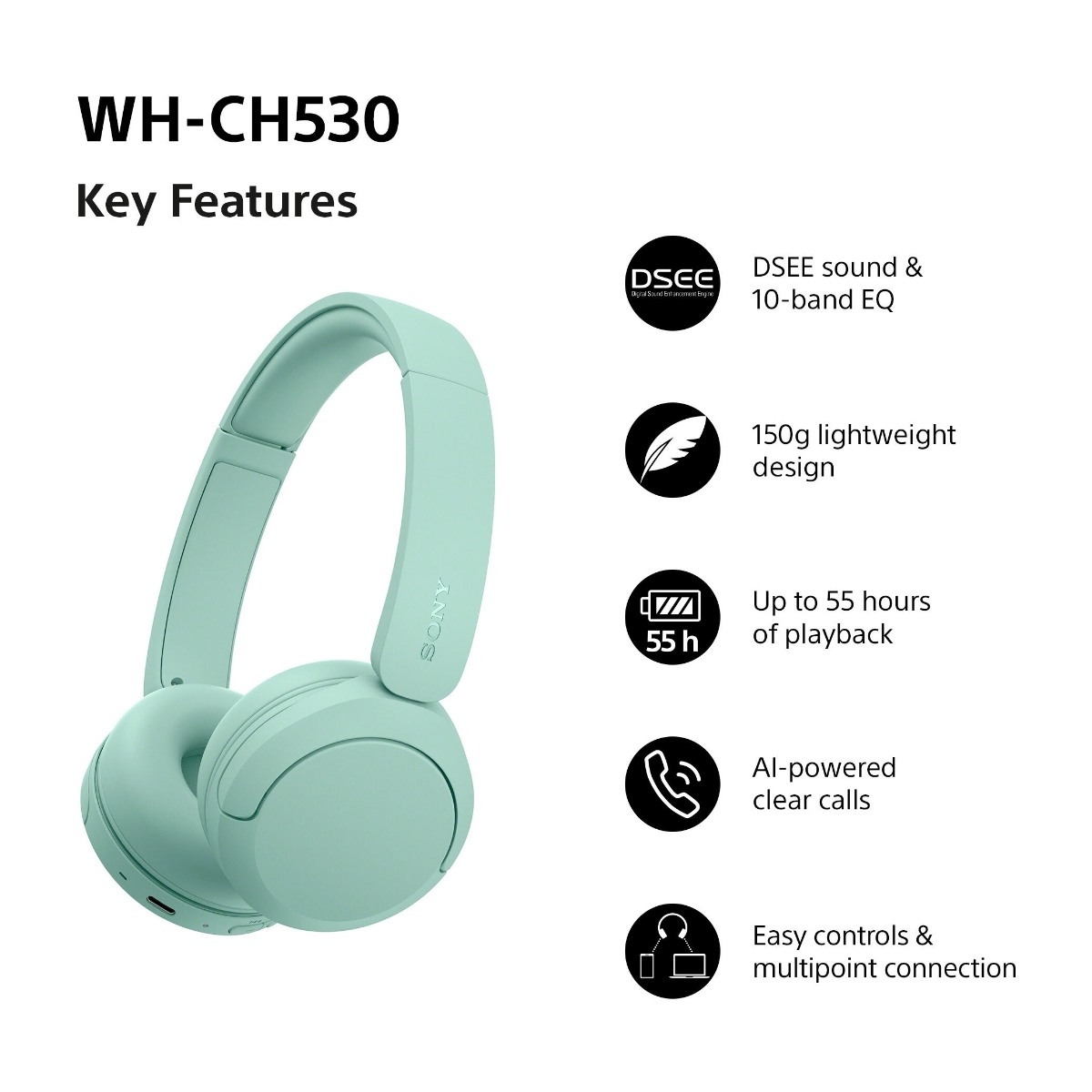 Sony WH-CH530 trådløse on-ear hovedtelefoner, grøn billede 2