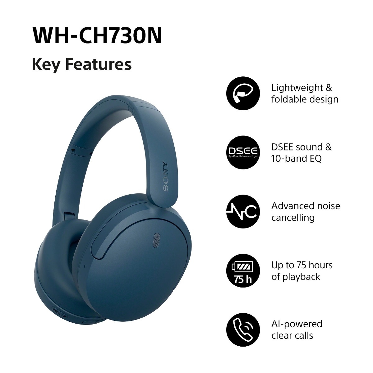 Sony WH-CH730N trådløse ANC-hovedtelefoner, blå billede 2