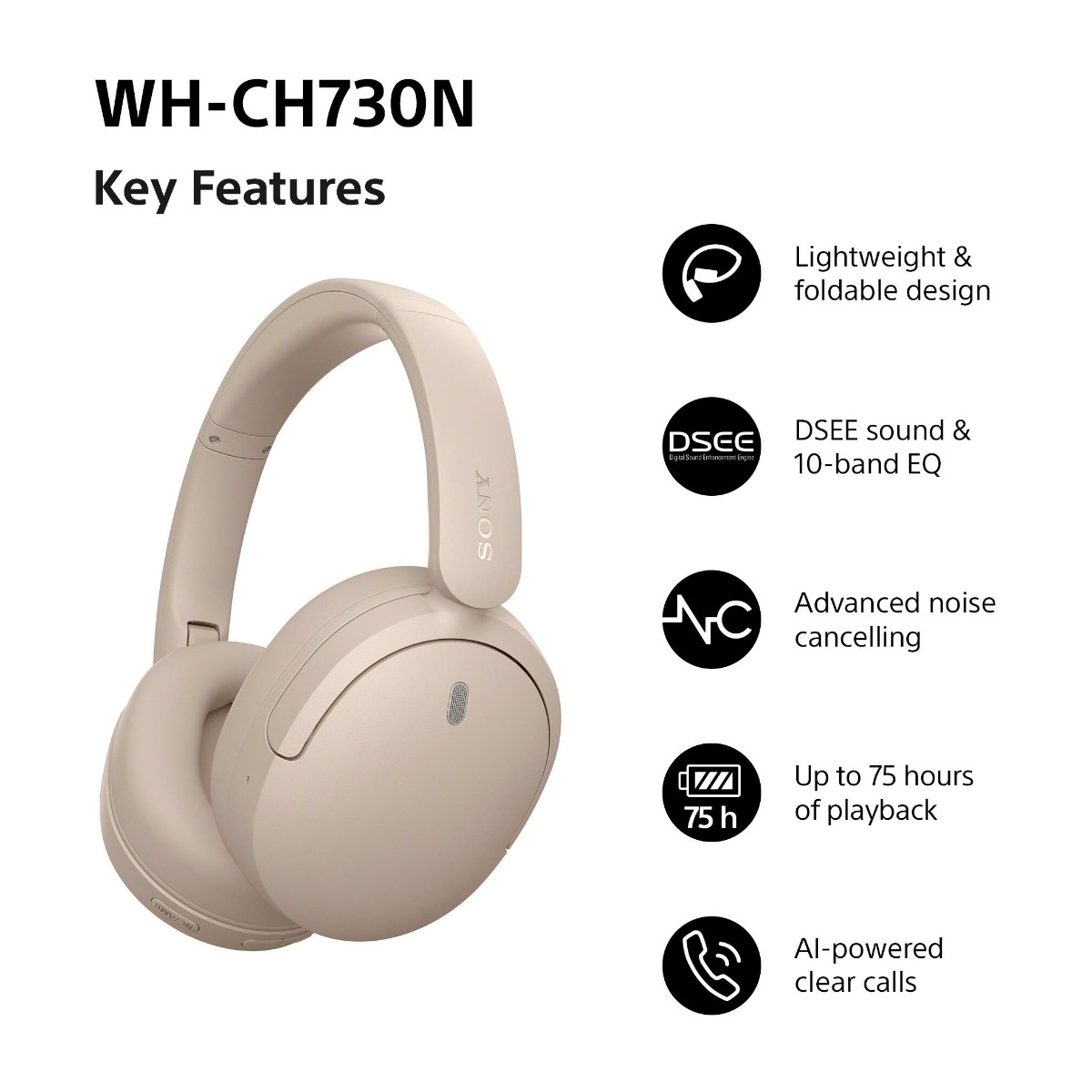 Sony WH-CH730N trådløse ANC-hovedtelefoner, beige billede 2