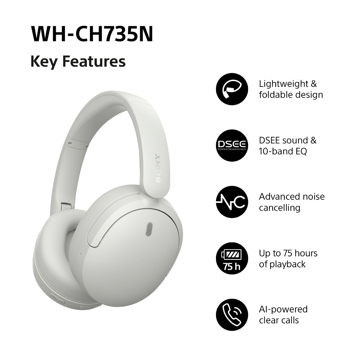 Sony WH-CH735N trådløse ANC-hovedtelefoner, hvid billede 2