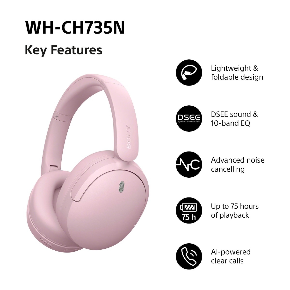 Sony WH-CH735N trådløse ANC-hovedtelefoner, pink billede 2