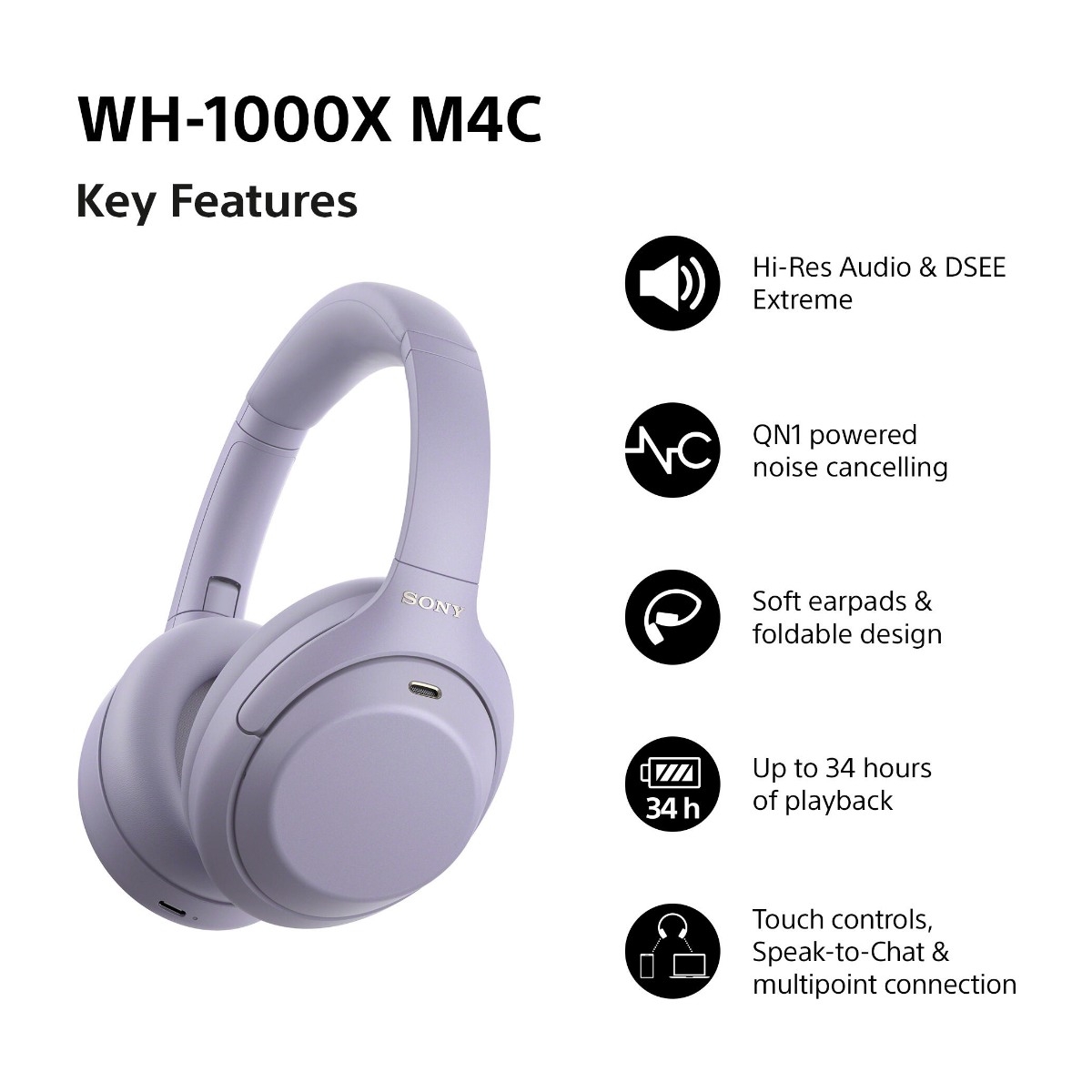 Sony WH-1000XM4C trådløse ANC-hovedtelefoner, lavendel billede 2
