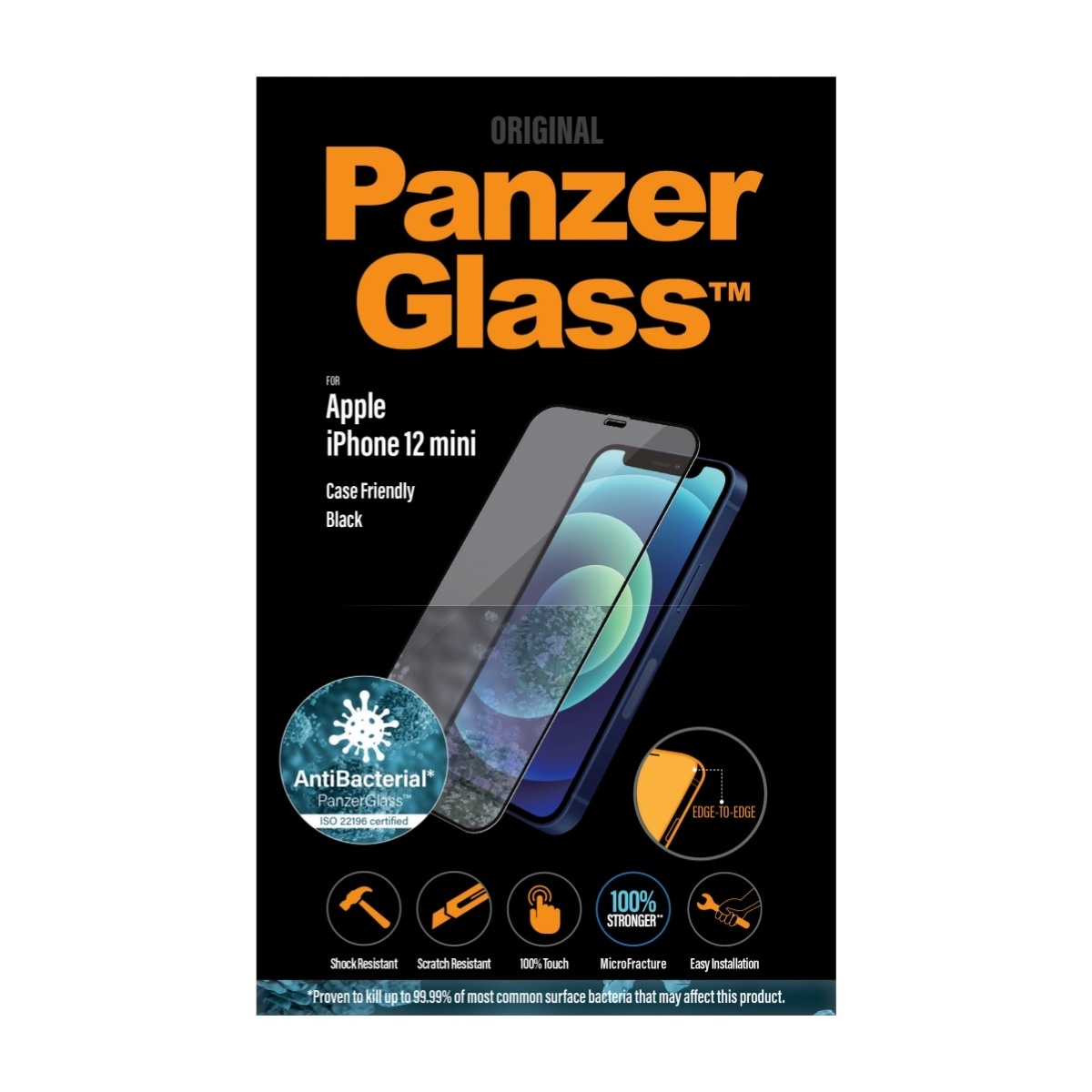 PANZERGLASS IPHONE 12 MINI CASE FRIENDLY ANTIBAKTERIEL SKÆRMBESKYTTER, SORT billede 1