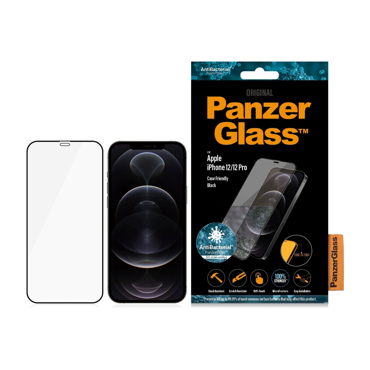 PanzerGlass iPhone 12/12 Pro Case Friendly Antibakteriel skærmbeskytter, sort billede 2